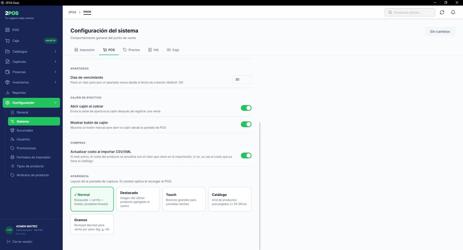Configuración del sistema en 2POS mostrando las cinco apariencias de caja disponibles: Normal, Destacado, Touch, Catálogo y Gramos, además de los ajustes de apartados y cajón de efectivo.