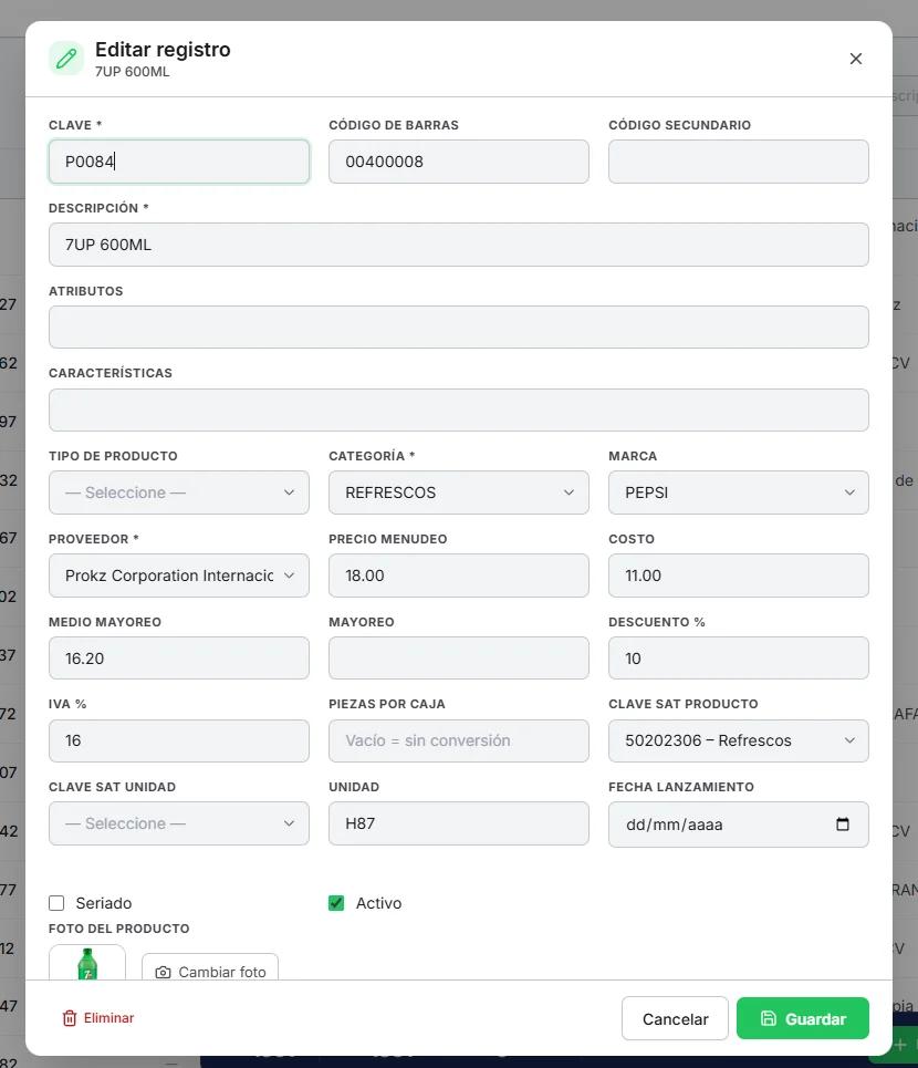 Ficha de un producto en 2POS con clave, código de barras, tres listas de precio (menudeo, medio mayoreo y mayoreo), costo, IVA por producto, piezas por caja para conversión de unidades, claves del catálogo del SAT y la marca de producto seriado.