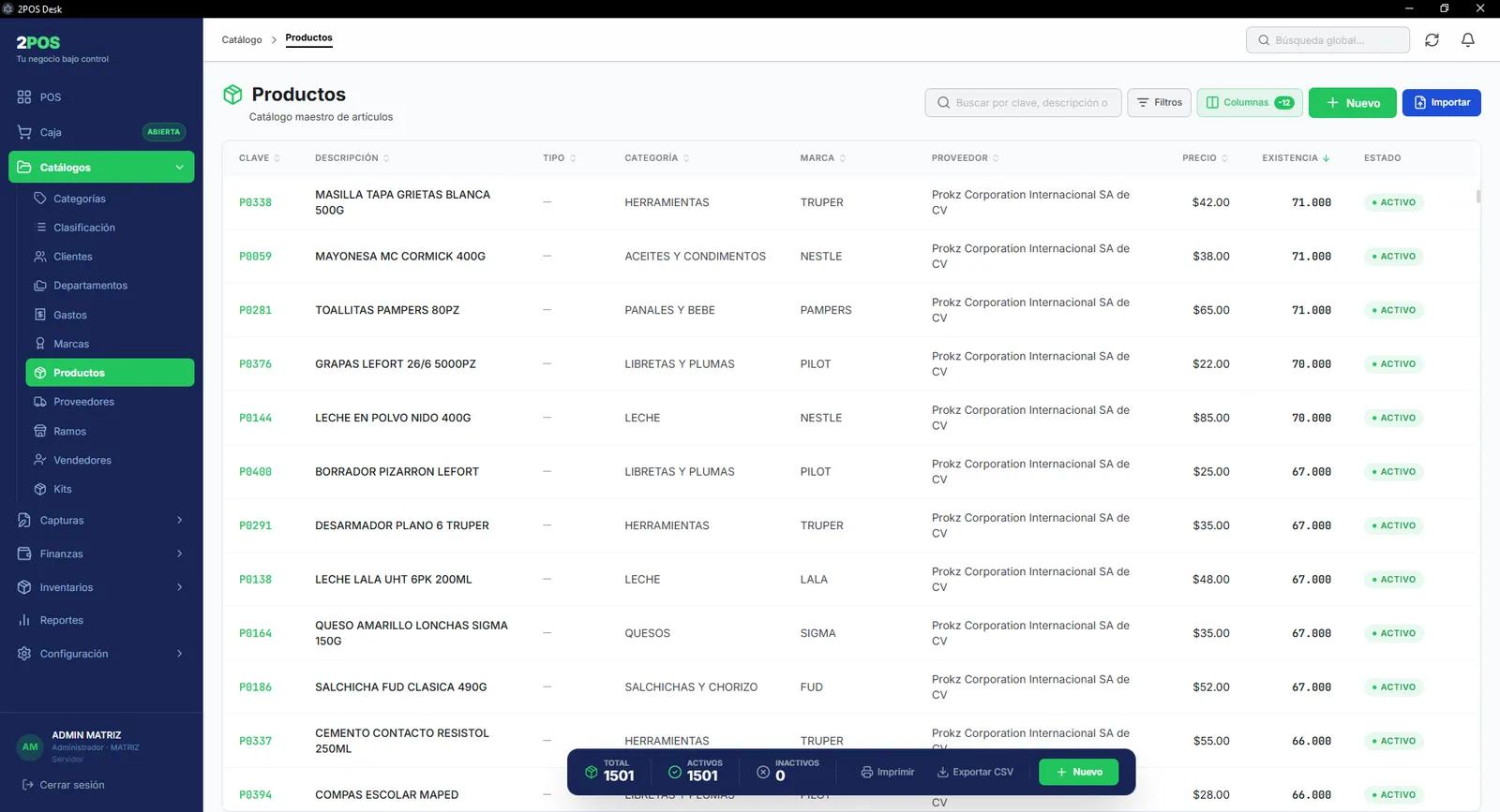 Catálogo maestro de productos de 2POS con 1,501 artículos activos, mostrando clave, descripción, categoría, marca, proveedor, precio y existencia de cada uno.