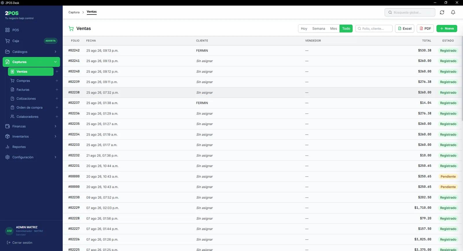 Listado de ventas en 2POS con folio, fecha, cliente, vendedor, total y estado de cada operación, y el menú de capturas desplegado mostrando compras, facturas, cotizaciones, órdenes de compra y colaboradores.